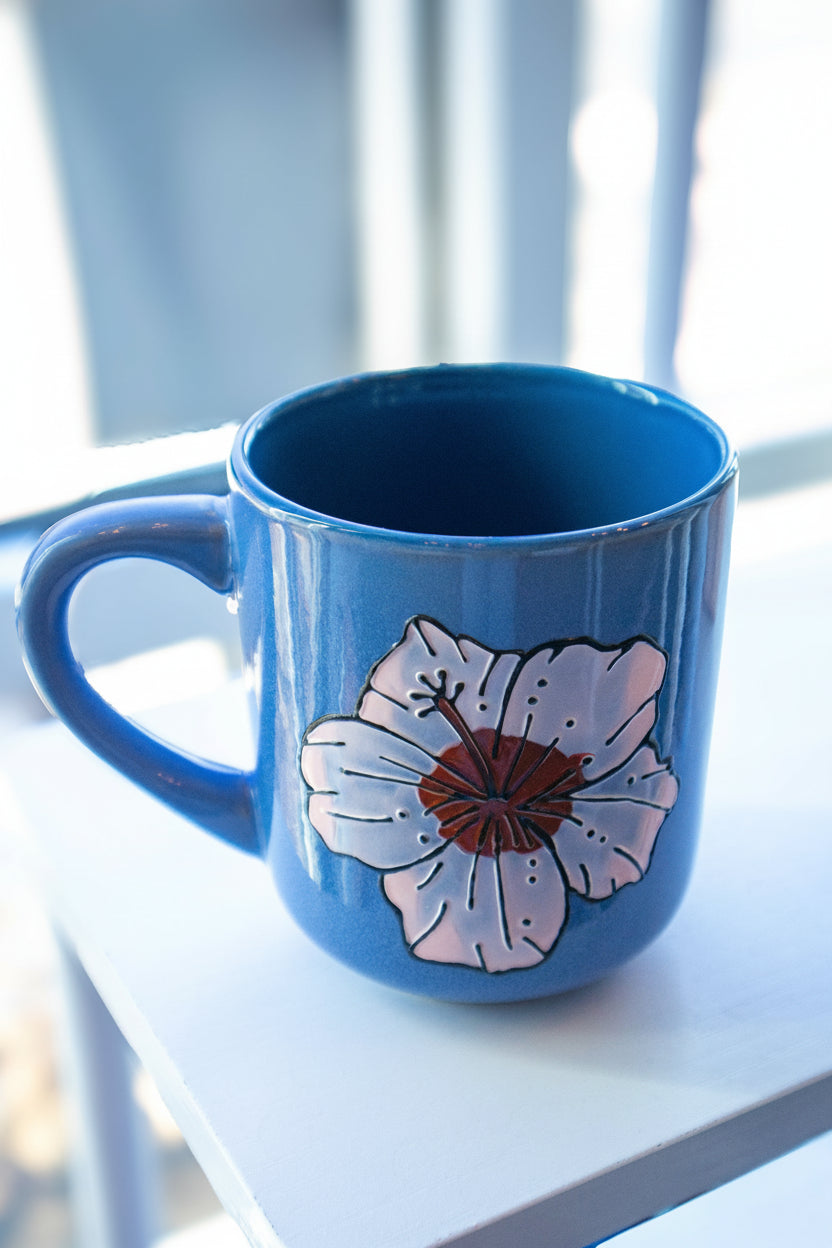 Hand-Painted Pink Hibiscus Blue Mug