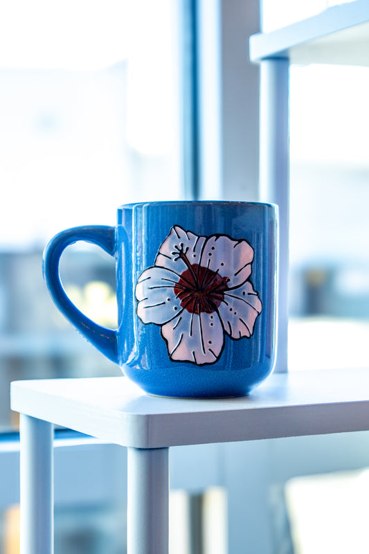 Hand-Painted Pink Hibiscus Blue Mug