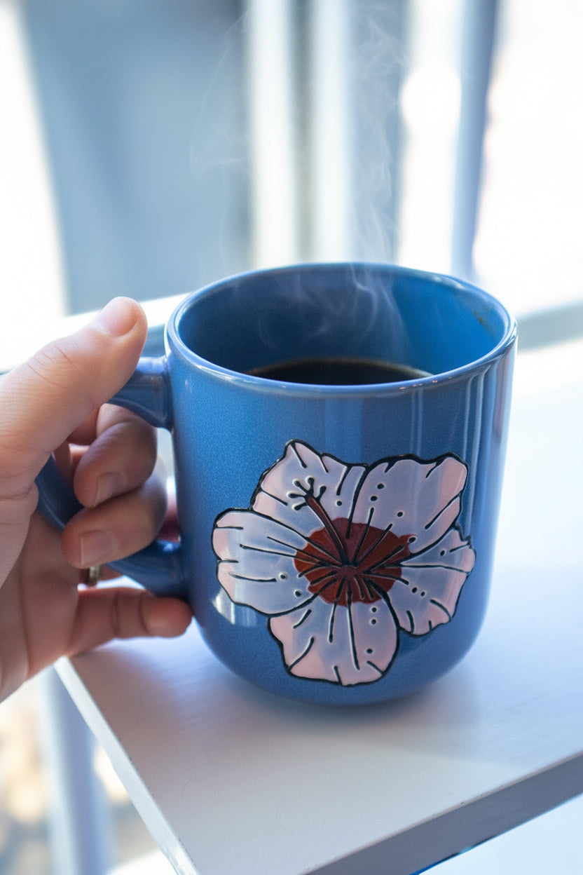 Hand-Painted Pink Hibiscus Blue Mug