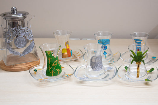 Complete Iraqi Tea Set: 6 Decorative Glasses and Teapot with Traditional Designs