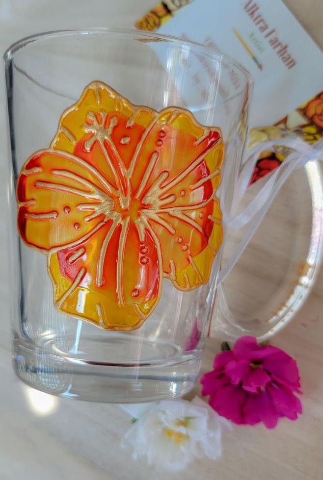 Glass Mug: Hand-Painted Hibiscus Cup